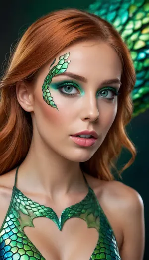 A beautiful slender woman with a bodypainting of colorful dragon scales, deeply tanned skin, long ginger hair tucked behind ear, head tilted down and looking up at you, She is in a professional photo studio, 3 d style, (large beautiful crystal bright emerald green eyes), impossibly bright glowing green eyes, pretty coquettish face, detailed eyes, detailed pupils, heartshaped lips, natural lip color, clear lip gloss, (full view of head and cleavage), view from half back side