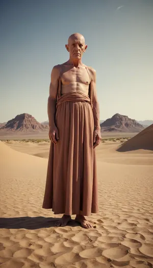 Show me, <lora:Fantasy_Races_XL:1.5>, Aiwass, the one that informed Aleister Crowley, in the desert. What is his true form, full body view.