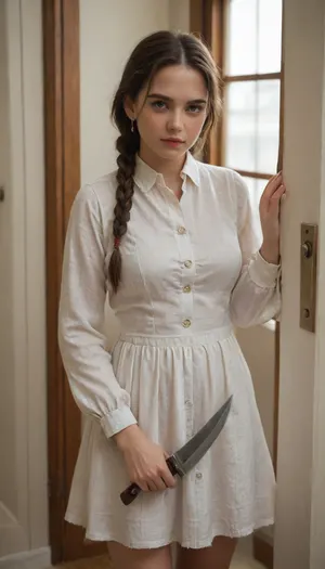 The image shows an anime girl with long brown hair tied into two neat braids. She is dressed in a light white dress with buttons, which adds to her graceful appearance. The girl is kneeling in front of a door, holding a knife in her hands, adding an element of tension to the scene. Her gaze is directed away from the viewer, and her expression shows a mix of determination and slight anxiety. The warm light that illuminates her figure creates a cozy atmosphere, despite the dramatic nature of the situation., <lora:upshirt-000015:2>, pulld, <lora:pulld_3:.8>