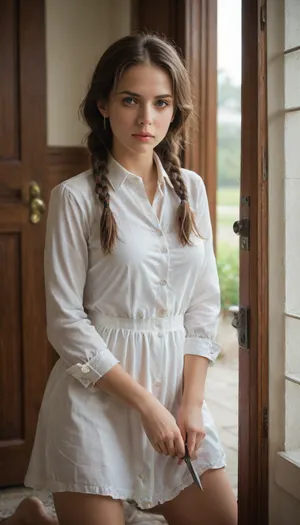 The image shows an anime girl with long brown hair tied into two neat braids. She is dressed in a light white dress with buttons, which adds to her graceful appearance. The girl is kneeling in front of a door, holding a knife in her hands, adding an element of tension to the scene. Her gaze is directed away from the viewer, and her expression shows a mix of determination and slight anxiety. The warm light that illuminates her figure creates a cozy atmosphere, despite the dramatic nature of the situation., <lora:upshirt-000015:2>, pulld, <lora:pulld_3:.8>