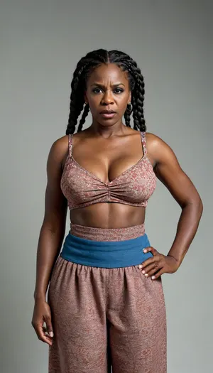 Full body view of a Very tall extremely dark black skin 60 year old african american woman with thick braided hair and enormously large breasts angry expression with thick plump lips