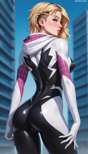 (spider girl Gwen Stacy), Braided side Side Cornrows Hair, (tight outfit), gigantic chest circumference, athletic body, hood on head, hip gap, (narrow waist), (blonde with pink strands), (pussy cameltoe), (wet tight bodysuit), back view