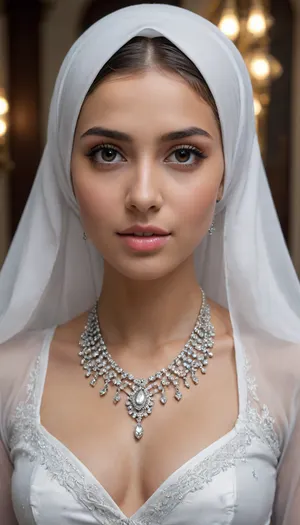 a silver hijab girl, portrait, delicately rendered but majestically scaled jewelry hair ornament, medium body and naked, silver hijab, (beautiful straight hijab), bangs, jewelry, earrings. white dress, (masterpiece, top quality, best quality, official art, beautiful and aesthetic:1.2), (1girl:1.4), extreme detailed, highest detailed, simple background, 16k, high resolution, perfect dynamic composition, (sharp focus:1.2), super wide angle, high angle, high color contrast, medium wide shot, depth of field, blurry background, look at viewer, cinematic lighting, highest detailed eyes, DonMM1y4XL, Extremely Realistic, <lora:ahxl_v1:.8>