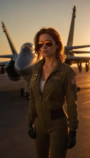 porn, explicit, nudity, sexual, perfect skin, posing, NSWf, sunset flight deck of USS Nimitz, female F-14 Tomcat pilot standing by her aircraft, ACTION, fully unzipped flight suit to pubis, huge breasts, (thick pubic hair, tan lines), adjusting aviator sunglasses with gloved hand, deck crew rushing behind her with tow tractors sweat on tanned skin, squadron patch, ("Black Widow"), on shoulder, steam from catapult obscuring distant aircraft, deck markings glowing in golden hour light, F-14 Tomcat with canopy open, weathered paint with oil streaks, yellow-shirted director signaling, jet blast deflector rising, backlit by setting sun, (dramatic silhouettes), orange deck lights activating, steam backlighting creating halos Tony Scott's Top Gun style, cinematic motion blur, 35mm film grain, (Kodak Vision3 500T color palette)