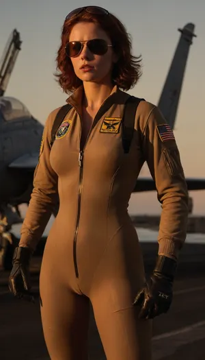Rating_explicit, NSFW, nudity, sexual, perfect skin, posing, sunset flight deck of USS Nimitz, female F-14 Tomcat pilot standing by her aircraft, wearing flight helmet and fully unzipped flight suit, (revealing thick pubic hair and perfect round breasts, tan lines), (exposed breasts), adjusting aviator sunglasses with gloved hand, deck crew rushing behind her with tow tractors sweat on tanned skin, squadron patch, ("Black Widow"), on shoulder, steam from catapult obscuring distant aircraft, deck markings glowing in golden hour light, F-14 Tomcat with canopy open, weathered paint with oil streaks, yellow-shirted director signaling, jet blast deflector rising, backlit by setting sun, (dramatic silhouettes), orange deck lights activating, steam backlighting creating halos Tony Scott's Top Gun style, cinematic motion blur, 35mm film grain, (Kodak Vision3 500T color palette)