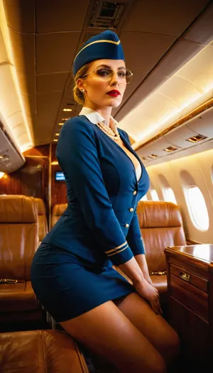 first-person plane passanger POV, (low angle view:1.5), focus on breasts, breasts close-up, fit flight attendant in tight blue airline uniform, (short skirt, unbuttoned blouse revealing excessive cleavage), golden wings pin on chest, tilted stewardess cap, bending over viewer's seat, gaze directed sideways, hand resting near viewer's thigh, pearl necklace on neck, flawless makeup with red lips, glamour photography, dramatic cabin lighting, shallow depth of field, luxury airline aesthetic, blurred business class cabin, (leather seats, crystal glasses), c0nc0rde, passenger, cabin, <lora:c0nc0rde:.8>