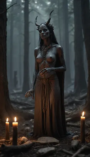 Ash-golem priestess performing funeral rite for larval bloom. Charcoal skin cracking, ember-tears igniting incense fungi. Bone totems covered in mucous, bioluminescent runes floating in humid air