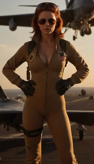 Rating_explicit, NSFW, nudity, sexual, perfect skin, posing, sunset flight deck of USS Nimitz, female F-14 Tomcat pilot standing by her aircraft, wearing flight helmet and fully unzipped flight suit, (revealing thick pubic hair and perfect round breasts, tan lines), (exposed breasts), adjusting aviator sunglasses with gloved hand, deck crew rushing behind her with tow tractors sweat on tanned skin, squadron patch, ("Black Widow"), on shoulder, steam from catapult obscuring distant aircraft, deck markings glowing in golden hour light, F-14 Tomcat with canopy open, weathered paint with oil streaks, yellow-shirted director signaling, jet blast deflector rising, backlit by setting sun, (dramatic silhouettes), orange deck lights activating, steam backlighting creating halos Tony Scott's Top Gun style, cinematic motion blur, 35mm film grain, (Kodak Vision3 500T color palette)