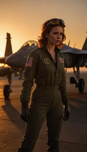 sexual, perfect skin, posing, sunset flight deck of USS Nimitz, female F-14 Tomcat pilot standing by her aircraft, wearing flight helmet and fully unzipped flight suit, (revealing thick pubic hair and perfect eound breasts, tan lines), adjusting aviator sunglasses with gloved hand, deck crew rushing behind her with tow tractors sweat on tanned skin, squadron patch, ("Black Widow"), on shoulder, steam from catapult obscuring distant aircraft, deck markings glowing in golden hour light, F-14 Tomcat with canopy open, weathered paint with oil streaks, yellow-shirted director signaling, jet blast deflector rising, backlit by setting sun, (dramatic silhouettes), orange deck lights activating, steam backlighting creating halos Tony Scott's Top Gun style, cinematic motion blur, 35mm film grain, (Kodak Vision3 500T color palette)