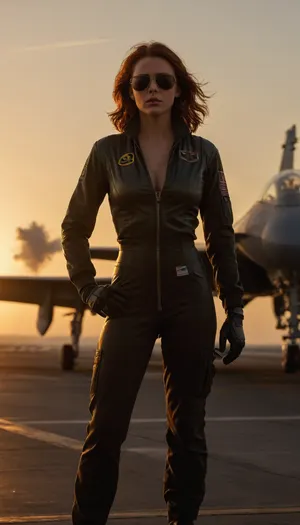 sexual, perfect skin, posing, sunset flight deck of USS Nimitz, female F-14 Tomcat pilot standing by her aircraft, wearing flight helmet and fully unzipped flight suit, (revealing thick pubic hair and perfect eound breasts, tan lines), adjusting aviator sunglasses with gloved hand, deck crew rushing behind her with tow tractors sweat on tanned skin, squadron patch, ("Black Widow"), on shoulder, steam from catapult obscuring distant aircraft, deck markings glowing in golden hour light, F-14 Tomcat with canopy open, weathered paint with oil streaks, yellow-shirted director signaling, jet blast deflector rising, backlit by setting sun, (dramatic silhouettes), orange deck lights activating, steam backlighting creating halos Tony Scott's Top Gun style, cinematic motion blur, 35mm film grain, (Kodak Vision3 500T color palette)