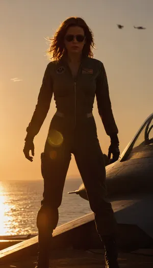 porn, explicit, nudity, sexual, perfect skin, posing, NSWf, sunset flight deck of USS Nimitz, female F-14 Tomcat pilot standing by her aircraft, ACTION, fully unzipped flight suit to pubic, (thick pubic hair, tan lines), adjusting aviator sunglasses with gloved hand, deck crew rushing behind her with tow tractors sweat on tanned skin, squadron patch, ("Black Widow"), on shoulder, steam from catapult obscuring distant aircraft, deck markings glowing in golden hour light, F-14 Tomcat with canopy open, weathered paint with oil streaks, yellow-shirted director signaling, jet blast deflector rising, backlit by setting sun, (dramatic silhouettes), orange deck lights activating, steam backlighting creating halos Tony Scott's Top Gun style, cinematic motion blur, 35mm film grain, (Kodak Vision3 500T color palette)