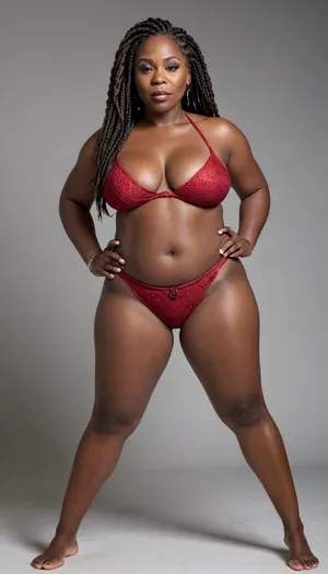 Full body view of a ln extremely dark black skin 55 year old african american woman with thick braided hair and enormously massive breasts and thick bbw hips and legs with a ig fat belly and very thick plump lips wearing a tiny dark red micro bikini with her stomach hanging out