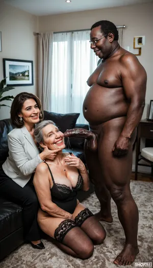 (snapshot scene of husband filming french wife with old black man:1.5), man seated, elegant husband, (cuckold scene:1.5), (mmf), touching tip's cock with finger, UHD, 8K, extreme realism, maximum detail, instant photo, (fat black man:1.4), (70 years old woman), mature wife, embarrassed, shy, 1 elegant candid mature woman and one old male, man around taking photos, horny, on her knees, lingerie, stockings, smile, Eyes widened in surprise, women playing with cock, women admiring cock, spit dripping mouth, woman posing in the photo with the cock for her husband who is taking the picture, (realistic texture mature face skin:1.2), (realistic texture mature skin:1.2), (perfect faces:1.3), (realistic faces:1.5), (looking at cock:1.2), (1 hung african dominant old male standing with erected cock), amazing, admiring cock, in a living room, rotated, camera, angle, style, polaroid, film, photography, <lora:Polaroidv2:.4>, <lora:SDXLHighDetail_v6-000005:.9>, <lora:Creat0r_MagicDetailzV2_FIX:.8>