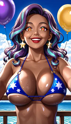 Erotic, indecent Art Nouveau fantasy artwork with psychedelic swirling motifs, vine patterns morphing into ethereal borders that pulse with sensuality and hidden lust, amplifying the Bikini of an extremely short, (150cm/4’7”), curvy Punjabi South Asian woman. She is captured from a low-angle perspective, emphasizing her commanding presence on a windswept rock ledge at dusk, her dark olive skin shimmering like polished bronze in a bikini . High cheekbones accent full red lips in a pop smile of desire, large dark maple honey-brown eyes lost in reverie, and sapphire-blue wavy hair blending into starry skies. Completely nude, her soft-rounded, enormously busty form, (hyperbolically enlarged to dominate the frame with titanic, balloon-like breasts emphasized in explicit detail with no nipples and no aureole and erotic prominence), evokes inner passions. A bikini is tight and enhancing the focus on her massive, pendulous bust. Integrate Ravi Varma’s classical Indian portraiture with modern dreamlike gradients, misty blues, radiant golds, floral auras surrounding her body, creating a scandalous narrative of self-discovery and unfiltered passion., (gigantic natural boobs:.9), (gigantic full tits, humongous perky boobs), (breast expansion:.829), (excessive unnatural breast size:.6), 25 years old woman, (her boobs weigh 50 kilos each:.4)