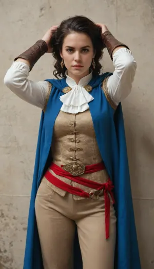(Character), Aveline de Grandpré from Assassin's Creed, a tailored navy blue coat with gold trim, a white ruffled blouse, and fitted brown trousers. Include a red sash belt with pouches, and a tricorn hat with a feather. Add hidden blade gauntlets and a short cape with the Assassin’s insignia., (Physique), detail face, She has her black hair tied back, large bust, curvy physique, (Background), simple plain wall, (Expression), standing straight in a sexy way, hands over her head, (view), front-straight view, (Image quality), 8k resolution, high definition, ultra high clarity.