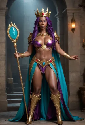 Yara, (elf Queen), (fantasy), ((large bust)), ((large breasts)), powerful, (long purple hair), (golden crown with red gemstones), (dark brown skin), (gold ornamentation), gold belt, gold and red detailing on costume, (long muscular legs), (holding an ornate golden staff with a glowing turquoise gem at its top), light shining around gem, the staff has a decorative gold vine, stone dungeon background, dramatic lighting, confident and regal expression, (exaggerated features), sense of grandeur and power