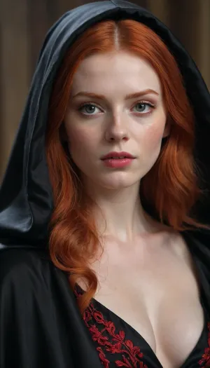 (hyper realistic face, uhd quality, full body view), a young red-haired witch, she is naked, only wearing a black satin cloak with red colored embroidery.