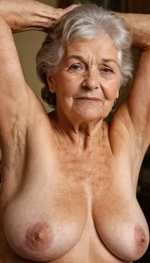 an old german granny presenting her hairy armpits to the camera, hairy armpits, sweaty, wrinkled skin, tanned, saggy breasts, chubby