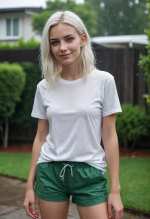 beautiful pale slender white haired woman in her 20s, green eyes, a cups, t-shirt and shorts, small smile, in frame from knees up, caught in the rain, clothes soaked, hair and body wet, in a backyard