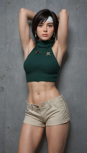 (Character), Yuffie Kisaragi from Final Fantasy VII Rebirth, wearing a Green sleeveless turtleneck jumper top, unbuttoned Tan shorts, White headband, (Physique), detail face, She has her black hair tied back, large bust, curvy physique, (Background), simple plain wall, (Expression), standing straight in a sexy way, hands over her head, (view), front-straight view, (Image quality), 8k resolution, high definition, ultra high clarity.