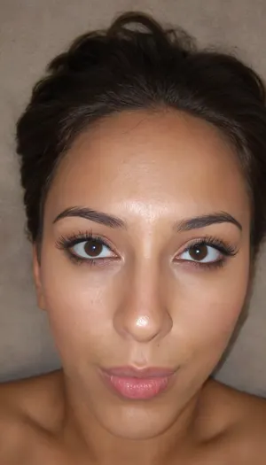 brown skinned Indian woman looking at viewer, (hooked nose), plucked eyebrows, dark skinned brown lips