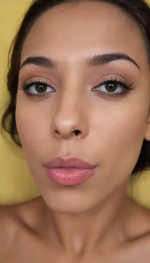 brown skinned Indian woman looking at viewer, (hooked nose), plucked eyebrows, dark skinned brown lips
