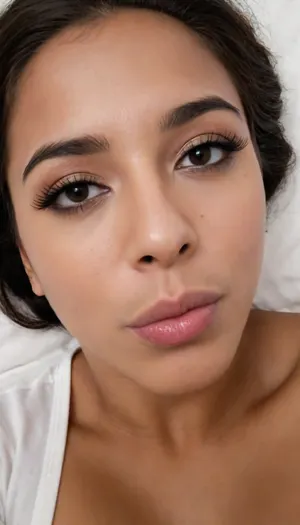 brown skinned Indian woman looking at viewer, (hooked nose), aquiline nose, plucked eyebrows, dark skinned brown lips