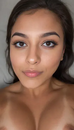 brown skinned Indian woman looking at viewer, (extremely hooked nose), curved nose, plucked eyebrows, dark skinned brown lips, dimples