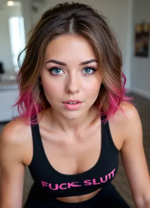 ((21yo model on her knees)), Asian, Asian euro WOMAN, woman brown hair, face, big load OF CUM on face, deep perspective, ((skinny face)), ((long messy after sex hair frames her face)), tousled hair, tits showing, blue eyes, skinny, perfect body, perfect breasts, pov, looking up at viewer, eye contact, (detailed face:1.3), ((wearing a black sports top with the words " Fuck Slut " in pink writing on front)), ((black leggings)), surprised, messy updo, showing pussy, woman, facial, cum, on, breasts, stomach, covered, in, perfect, logo, text, sign, that, says, the, word, <lora:texta:1.5>