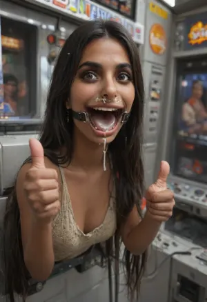 (Indian woman with straight semi-long hair and pointy nose:1.8), (narrow face:1.1), (dark black hair:1.1), (slim nose:1.5), (heavy makeup:.8), (Indian woman is stuck with her hips in a round hole with metal rim in an arcade machine on a busy street, wearing a mouth spreader), (she shows thumbs up:1.3), (natural brown eyes), (brown skin), (stuck in round hole with metal rim:1.1), (wide metal box), (arms restrained in contraption:1.6), (wide angle, full machine in picture:1.1), (bustling street, passersby:1.3), (wide smile, obsessive:1.5), (her arms are fixated in machine:1.5), (score_9, score_8_up, score_7_up, UHD 8K, masterpiece, best quality, maximum details:1.2), natural light, extreme realism, cinematic still, (very happy:1.3), (wide mouth spreader ring gag, gaping mouth:1.5), (her hands are protruding from holes:1.3), (stuck in hole with metal rim), (leaning forward), (huge penis), (she stares at erect penis in front of her face:1.3), (cum on her face, bukkake:1.3)