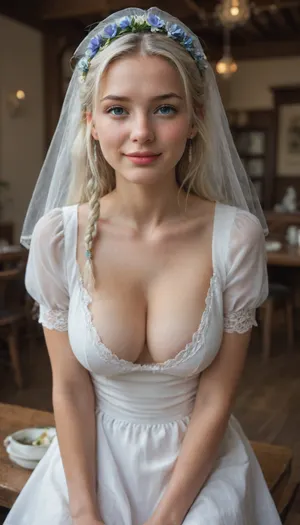 rvnt, blue eyes, white hair, long hair, braid, head wreath, blue flower, veil, white dress, jewelry, joints, pale skin, View from up, huge cleavage, mrfuga, cinematic, posin, serving drinks, detailed face, waitress outfit, skirt, full face blushing, intense blushing, medium breasts, looking at viewer, embarrassed, shy, slight shy smile, solo, dynamic pose