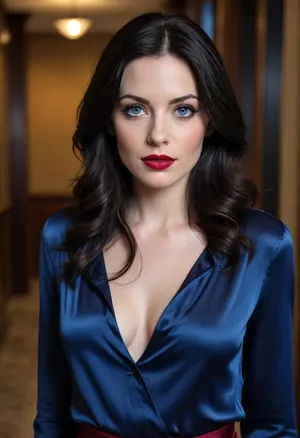 27 year old woman, raven hair, flowing black hair, beautiful face, pale skin, red lipstick, blue eyes, maroon satin blouse, blouse undone, boobs showing