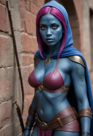 Vivian Longbow, ((female elf archer)), (((fantasy race))), medieval, ((((short light purple hair swept to one side)))), ((blue unnatural skin color)), ((completely blue)), (((((((blue skin))))))), (((blue body))), (((blue face))), ((large breasts)), ((hooded navy blue cloak)), (brown leather belt), ((navy blue bikini-style clothes)), serious expression, (toned), ((magenta makeup)), alleyway