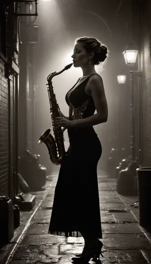 Steampunk alley, pipes and steam, smoke and mist, black and white noir, heavy rain, dramatic view on a female saxophone player in cobblestone alley, she stands under rain in sharp spotlight from airship searchlight, chiaroscuro shadows, sharp highlights, silver raindrops frozen mid-air, steam rising from sewer grate, grainy 35mm film texture, Dutch angle, DonMSt34mPXL, <lora:DonMSt34mPXL-000006:.8>, <lora:Steampunk Concept Art - XL Pony V1.0:.8>, A dramatic black and white illustration of a female saxophone player in profile, captured mid-performance. She stands gracefully under a sharp spotlight, creating deep shadows and strong highlights. Her expression is calm and focused, wearing elegant earrings and a fitted dress. Her hair is neatly styled in a bun, and the saxophone is detailed with chrome reflections. The background is entirely dark, with the spotlight creating a classic noir atmosphere. The style is minimalist, high-contrast, and cinematic — evoking a timeless jazz club ambiance.

​​
​​​
