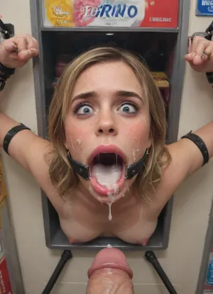 (40 years adult), (famous movie star is stuck with her hips in a round hole with metal rim in a vending machine), (her bust is protruding from a round hole in the front of the vending machine:1.5), (stuck in hole with metal rim:1.3), (vending machine at night, slot for payment), (wide mouth spreader ring gag, gaping mouth:1.5), (leaning forward), (embarrassed, ashamed), (pleading expression:1.2), (terrified:1.6), (crying), (fear and panic:1.2), (box is low mounted, close to floor), (score_9, score_8_up, score_7_up, UHD 8K, masterpiece, best quality, maximum details, natural light, extreme realism, cinematic still), (huge penis:1.4), (she stares at erect penis in front of her face:1.3), (POV from above, she is looking up to viewer, submissive), (POV man standing and looking down, man stroking his big dick:1.1), (arms restrained to wall), (her arms left and right flat against the wall, multiple iron rings fixing her stretched arms against the wall:1.5), (POV standing man, looking down on her:1.2), (mouth wide open), (dirty blonde Swedish woman, freckles, tanned), (tan lines), (iron rings restrain her arms to vending machine), (her arms are spread eagle against vending machine:1.8), (arms restrained with iron rings:1.8), (free-standing vending machine), (her face is covered in cum:1.6), (cum in er mouth:1.1), (bukkake, facial:1.3), (freckles, skin impurities), (transparent liquid:1.2), (realistic cum), (wet face:1.2), (oily skin:1.5), (stuck with hips in a round hole with metal rim:1.6), (long blonde hair, elegantly styled hair, long wavy hair:1.5), (eyes wide open in horror:1.3), (her mouth serves only one purpose), (she's got a new job, she's a public cum dumpster), (pink glossy lips:1.3), (shocking pink lips, pink lipstick:1.5), (eerie lighting:1.3), (smeared lipstick:1.3)