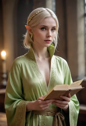 Adventure guild elf, (elf woman), guild hall interior, (short straight light-blonde hair over one eye), (pale skin), (light lime green flowing robe), leaf earring, sexy, high-fantasy, (holding an open scroll), (petite), (toned)