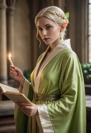 Adventure guild elf, (elf woman), guild hall interior, (short straight light-blonde hair over one eye), (pale skin), (light lime green flowing robe), leaf earring, sexy, high-fantasy, (holding an open scroll), (petite), (toned)