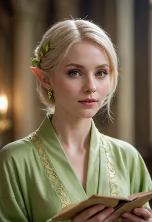 Adventure guild elf, (elf woman), guild hall interior, (short straight light-blonde hair over one eye), (pale skin), (light lime green flowing robe), leaf earring, sexy, high-fantasy, (holding an open scroll), (petite), (toned)