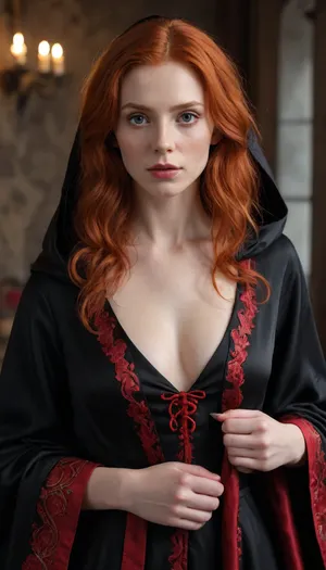 (hyper realistic face, uhd quality, full body view), a young naked red-haired witch, she is wearing a black satin cloak with red colored embroidery.