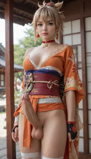 masterpiece, best quality, amazing quality, yoimiya, (genshin impact), bangs, blonde hair, hair ornament, hair between eyes, ponytail, sidelocks, orange eyes, light brown hair, mature female, medium breasts, 3d, thighhighs, gloves, jewelry, japanese clothes, choker, fingerless gloves, kimono, bracelet, sash, tattoo, bandages, obi, rope, asymmetrical legwear, pouch, sarashi, bandaged arm, red choker, arm tattoo, shimenawa, bandaged leg, chest tattoo, hadanugi dousa, orange kimono, single fingerless glove, v, pagoda, tall, tiered, Asian, sacred, cowboy shot, solo, looking at viewer, (big penis:1.1), (erect penis:1.5), (masturbation:1.1), (futanari:1.3), (covered in cum:1.1)