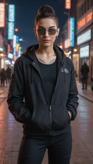black hair, black jacket, blurry, blurry background, city, cyberpunk, cyberpunk style, dark-skinned male, dark skin, dreadlocks, hands in pockets, hood, hood down, hoodie, jacket, male focus, mohawk, neon lights, night, open clothes, open jacket, solo focus, sunglasses, tattoo, beautiful slender girl, big green eyes, snake pupils, modest smile, dark purple shadows and lipstick, tight-fitting green battle suit in the style of Egypt+iron man+sci fi, athletic build, large bust, wide hips, warrior, new technology, fighting stance, high detail, high quality, Realism, <lora:sdxl_cyberpunk:.65>