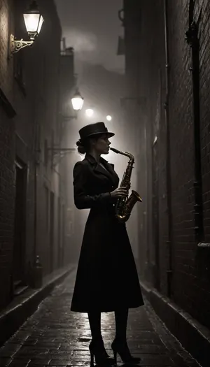 Steampunk surrounding, pipes on walls, steam, smoke and mist, black and white noir shot, (heavy rain:1.4), dramatic view on a female saxophone player in cobblestone alley, she stands under rain in sharp spotlight from airship searchlight, chiaroscuro shadows, sharp highlights, chrome reflections on saxophone surface, dark background, empty street ambience, silver raindrops frozen mid-air, steam rising from sewer grate, grainy 35mm film texture, Dutch angle, ​​
​​​, <lora:Steampunk Concept Art - XL Pony V1.0:.8>