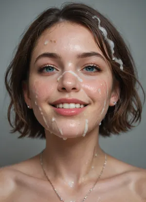 A young woman with a delicate and symmetrical face, clear porcelain skin with a natural rosy glow. She has large almond-shaped eyes with soft brown irises, well-defined eyebrows slightly arched. Her nose is straight and slender, with a gentle curve, and her lips are full, with a defined cupid’s bow. She has a fine, slightly pointed chin, and her short, chestnut hair is neatly styled, with soft waves or a sleek, polished look. The overall expression is calm but with an intense, expressive gaze., <lora:A_SHort_Cut_v3_SDXL:1.8>, . very short hair., ((Massive facial, lot of cum on face, cum on neck, cum on hair)), penis close to face. Smiling. Nude. Earings. Necklace., (Head slightly tilted), .