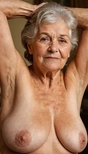 an old german granny presenting her hairy armpits to the camera, hairy armpits, sweaty, wrinkled skin, tanned, saggy breasts, chubby