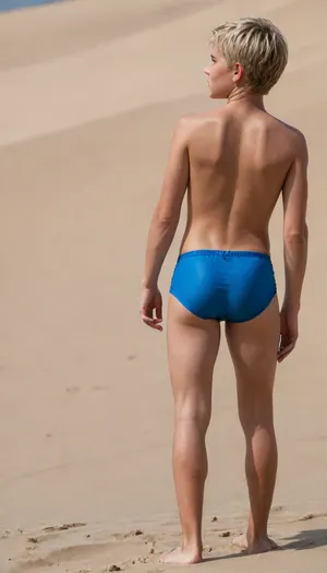 candid photo, young boy, (really young boy:2), lusty deep tan body, slender, blonde hair, daring flirty pose, showing off his slim ass in very tight swimming trunks, really young ass, jealous people watching him, big blue eyes, ultimate realism, sunny day, realistic detailed skin texture, focus realistic spread ass, stunning eyes, 70s, beach dunes