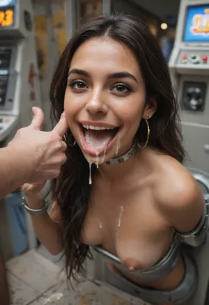 (Thai woman with straight semi-long hair), (dark black hair:1.1), (slim nose:1.5), (heavy makeup:.8), (Indian woman is stuck with her hips in a round hole with metal rim in an arcade machine on a busy street, wearing a mouth spreader), (she shows thumbs up:1.3), (natural brown eyes), (brown skin), (stuck in round hole with metal rim:1.1), (wide metal box), (arms restrained in contraption:1.6), (wide angle, full machine in picture:1.1), (bustling street, passersby:1.3), (wide smile, obsessive:1.5), (her arms are fixated in machine:1.5), (score_9, score_8_up, score_7_up, UHD 8K, masterpiece, best quality, maximum details:1.2), natural light, extreme realism, cinematic still, (very happy:1.3), (wide mouth spreader ring gag, gaping mouth:1.5), (her hands are protruding from holes:1.3), (stuck in hole with metal rim), (leaning forward), (huge penis), (she stares at erect penis in front of her face:1.3), (cum on her face, bukkake:1.3)