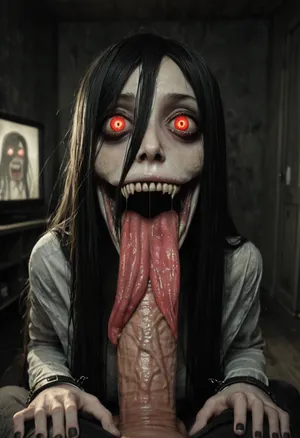 score_9, score_8_up, score_7_up, score_6_up, (animated, 2d, anime style), (((Sadako Yamamura))), 1girl, solo, long hair, black hair, very long hair, (mess hair), naked breast, torn clothes, impossible clothes, hair over eyes, torn dress, grey skin, impossible dress, yamamura sadako, hair over one eye, (((yandere, psychosis, possession, dangerous, crazy, psycho))), blush, (heavy breathing), steam, (bags under eyes), night, television, sweat, head tilt, angry smile, (wavy mouth), cleavage, (massive veiny breasts, saggy), ((full body)), (night, dark room), (red glowing eyes), (((on all four, crawl out tv))), glitches, lean forward, ((gothic style, dark theme, low light, cold colors, nightmare, horror)), pov, big cock, (horror mouth wide open:1.3), above cock, cock almost in mouth, excessive Saliva dripping, (very long horror tongue, bound around cock:1.4)