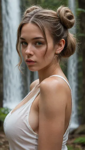 In the heart of a day with a kiss of sunshine, a hyper-realistic image captures attention. Pepa, a woman with part-dyed hair, brown at the roots and blonde at the ends, stands center stage. Her wide hips, tanned skin, and freckles are a testament to natural beauty. Her medium-length hair falls into loose buns, while her dangling waterfalls fall down over one shoulder. Her full lips curl into a expression, her green eyes glow with bad mood. Show off her big breasts, Proud of them
