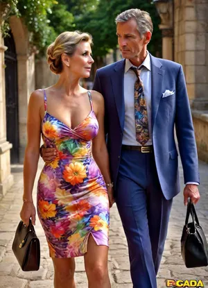 ((athletic female milf, (55 years old), torpedo breasts, tall, tanned, very skinny, dressed in the sexy english old money style, skirt, updo hair, colorful escada summer dress style, elegant gal)), ((toyboy holding the womans hand)), Midjourney, MJ, style, poster, manga, sunlight_str1, <lora:Midjourney_style:1>, <lora:sunlight_str1-SDXL_v1-dim64-steps1691:1>, couple, <lora:XL-coupleMV2:.8>