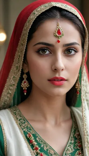 a very beautiful لہور woman, background لہور, green, white, red